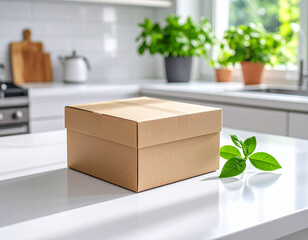 Elegant Box on Kitchen Counter: A close-up shot showcasing a minimalist scene with a cardboard box centered on a clean, white countertop in a modern kitchen setting.