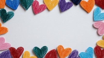Colorful paper hearts form a vibrant border on a white background, creating a cheerful and inviting frame.