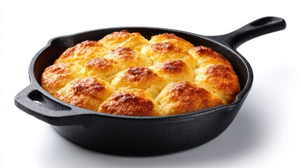 Freshly Baked Bread Rolls in Cast Iron Skillet on White Background