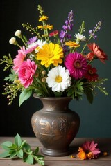 Delicate hands arrange wildflowers in antique vase , artistic, colors