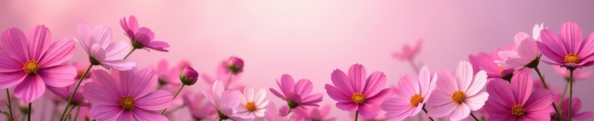 Obraz premium Delicate pink cosmos blossoms form a vibrant border , blossom, pink, generative