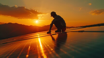 Technology solar cell, Engineer service check installation solar cell on the roof of factory on the morning. Silhouette technician inspection and repair solar cell on the roof of factory.