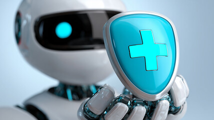 Robotic Guardian of Care: a friendly medical robot extends a turquoise shield emblazoned with a cross, promising AI-assisted protection, diagnostics and patient safety in tomorrow’s healthcare.
