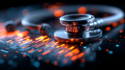 Heartbeat in the Circuitry: an illuminated stethoscope rests across a dark electronic board pulsing with orange data streams, merging clinical vigilance with real-time health analytics in the era of d