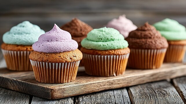 Colorful cupcakes with frosting.