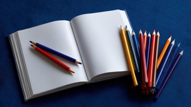 Open notebook with blank pages and colorful pencils on a deep blue surface, ready for creativity and drawing. - Powered by Adobe
