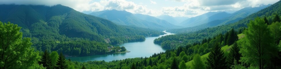 Obraz premium Dense forests interspersed with small villages, lakes gleam , summer, environment