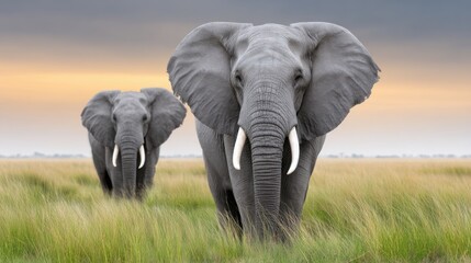 Majestic Elephants in Tall Grass Under Dramatic Sky at Sunset