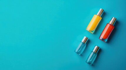 Naklejka premium Nail polishes in bottles on color background, flat lay. Space for text