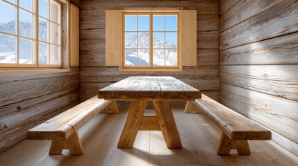 Cozy Wooden Cabin Interior with Mountain View and Natural Light