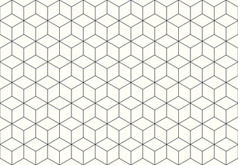 seamless pattern tessellation of hexagon, isometric cubes, creating a repeating 3D-like effect with dark grey lines on cream white background. Vector.