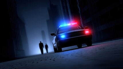 Dramatic Night Scene with Police Car and Mysterious Silhouettes