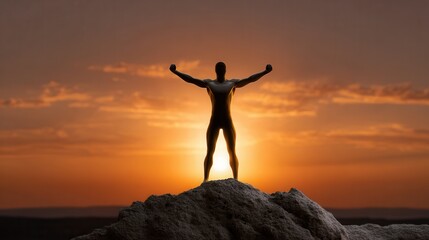 Silhouette of a Person Triumphantly Posing on a Mountain Peak at Sunset