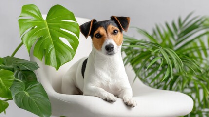 Adorable Dog Relaxing Amidst Lush Greenery in Modern Setting