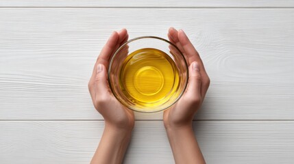 Fresh Olive Oil in Glass Bowl Held by Hands on Wooden Surface