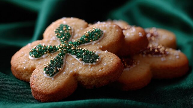 Festive shamrock-shaped cookies decorated with green and gold sugar on a dark green fabric background, perfect for St. Patrick's Day celebrations.