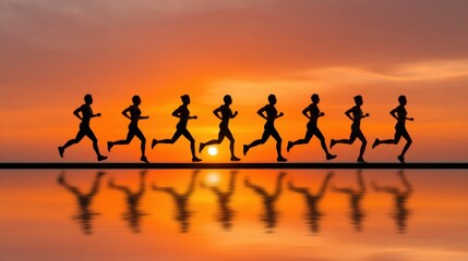 Exuberant Runners Silhouetted Against a Stunning Sunset Reflection