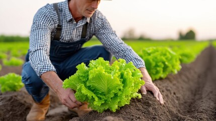 Farmer Cultivating Fresh Lettuce in a Green Agricultural Field