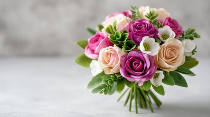 Fototapeta premium Beautiful Floral Bouquet with Pink and White Roses on Table