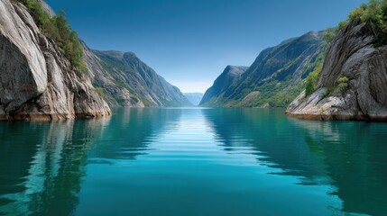 Serene Blue Lake Surrounded by Majestic Mountains and Rock Formations