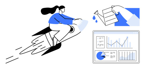 Woman riding rocket symbolizing rapid progress, hand watering sapling for growth, and analytics dashboard with charts. Ideal for business growth, innovation, startup success, strategy, data