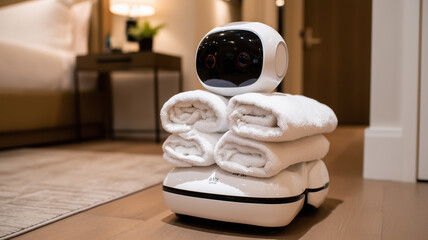 Folded Warmth on Wheels: A friendly household bot balances plush white towels while navigating a suite, melding domestic comfort with endearing machine personality.
