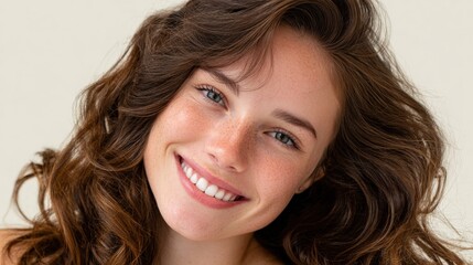 Fototapeta premium Close-up of a smiling woman with wavy brown hair and freckles against a neutral background.