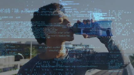 Male jogger pausing walkway, starting code stream while sipping from bottle for fitness tracking - Powered by Adobe