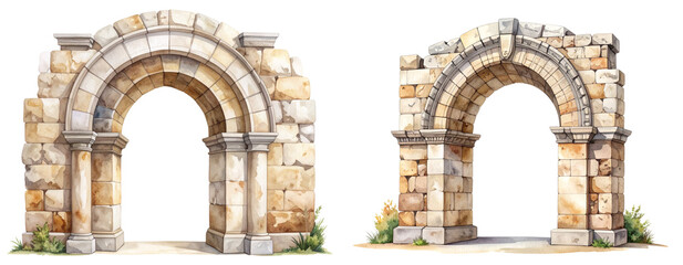 Obraz premium Set ofTop-Down Watercolor Map Illustration of Ancient City Ruins, Transparent Background