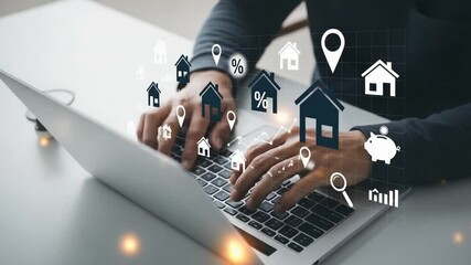 Person typing on laptop with house icons, location pins, and financial graphics overlayed on screen - Powered by Adobe