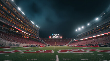 Empty football stadium at night with glowing lights and wide-angle view from ground level, showcasing dramatic sports ambiance and atmospheric lighting.
