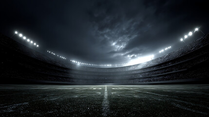 Empty football stadium at night with glowing lights and wide-angle view from ground level, showcasing dramatic sports ambiance and atmospheric lighting.
