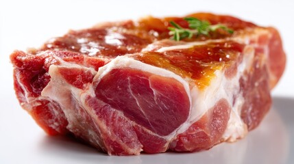 Obraz premium Close-up of a raw pork chop with marbled fat and fresh herbs on top, isolated on a white background.