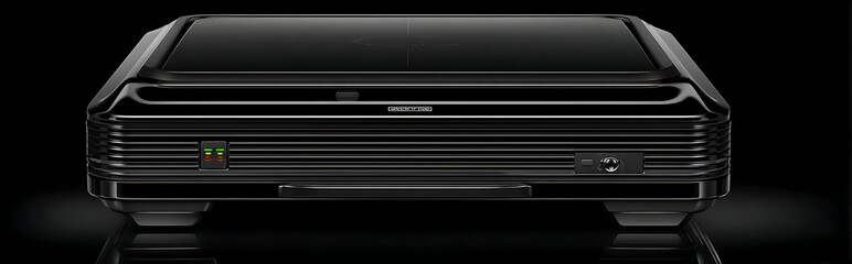 Modern clean kitchen counter with polished electric cooker and black reflective surface under professional studio lighting, minimalist home appliance concept.
