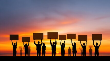 Protesters Silhouettes Holding Blank Signs Against Sunset Sky