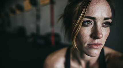 Obraz premium Athletic young woman in sportswear with determined expression during workout, side lighting highlighting facial features, blurred gym equipment in background. Fitness and health concept.
