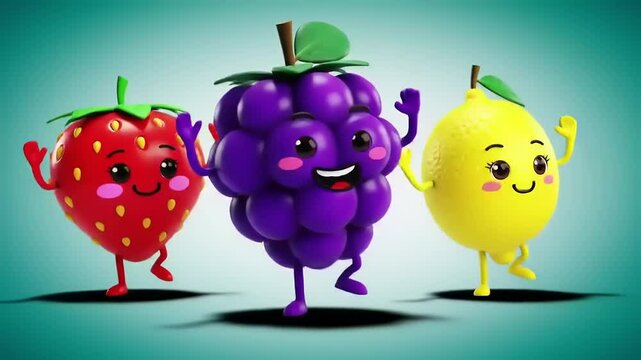 Cheerful cartoon fruits dancing together with vibrant colors and playful expressions on a bright backdrop