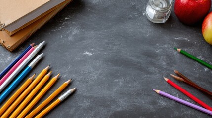 School supplies on a chalkboard background with pencils, notebooks, apples, and a sharpener arranged around the edges.