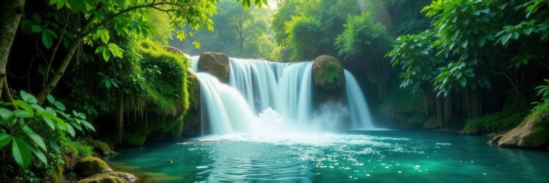 Emerald waterfall cascades through vibrant rainforest, crystal clear water , escape, bright, adventure