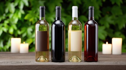 Selection of Wine Bottles with Blank Labels on Rustic Table
