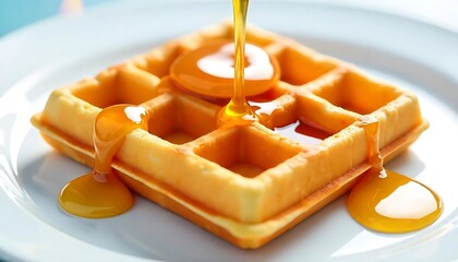 Sweet waffle delight being drizzled with golden honey on a white plate makes a delectable breakfast.