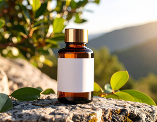 Wellness Remedy: A close-up showcases a amber bottle resting atop a textured stone, enhanced by leaves and bathed in sunlight, evoking nature. 