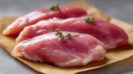Fresh raw chicken breasts on parchment paper, garnished with sprigs of thyme, ready for cooking preparation.