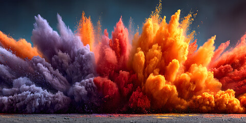 Explosive Color Symphony: Vibrant hues of red, orange, and purple collide in a captivating display of colorful powder clouds, creating a dynamic and energetic visual experience.