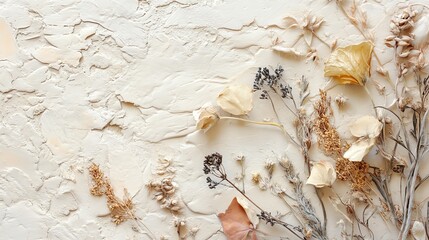 Dried Botanical Fragments on Beige Textured Background