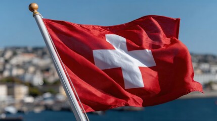 Swiss flag waving in the wind with a blurred cityscape in the background under a clear blue sky.