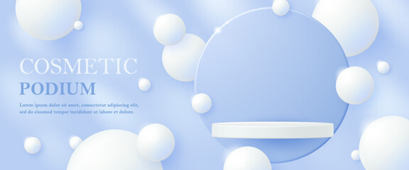 3D skincare and cosmetic podium scene with soft white bubbles on pastel blue background for beauty product display, brand ads, branding mockup, showcase and advertising or wellness campaigns