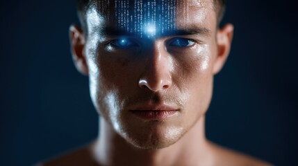 Futuristic concept of a man with binary code on his forehead and glowing eyes, symbolizing artificial intelligence and technology integration.