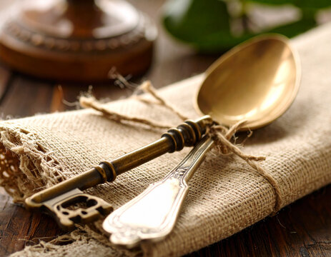 Spoon and key on napkin: A shiny vintage spoon is paired with an antique key, elegantly resting on a rustic linen napkin.
