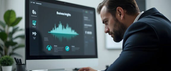 Business professional analyzing data on computer screen in modern office environment